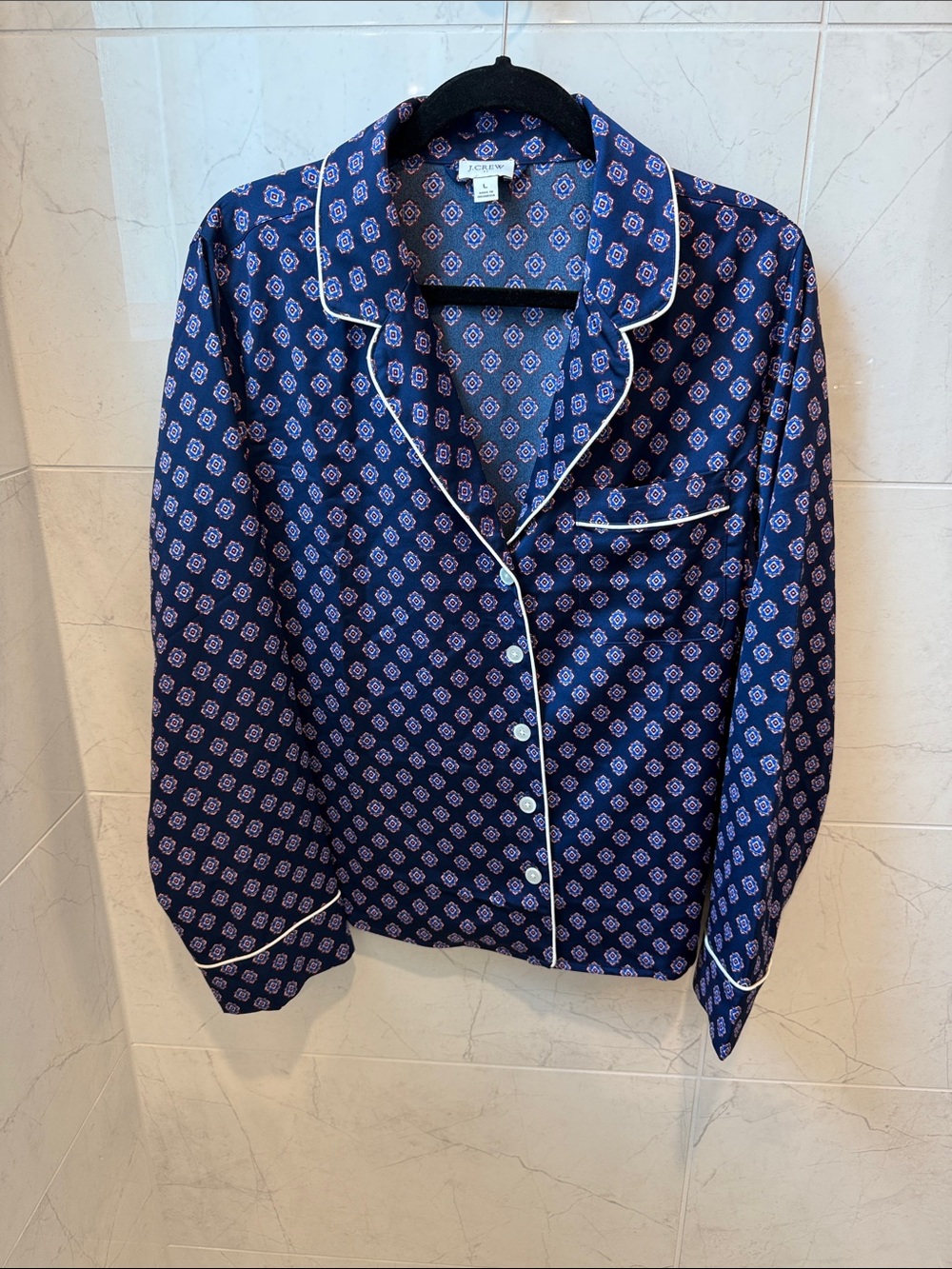 J. Crew Navy Pajama Blouse with Red & White Medallion Print
